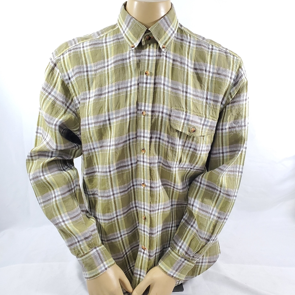 Mens Linen Plaid XL Shirt Mens Martin Dingman Casual Long Sleeve Green Excellent